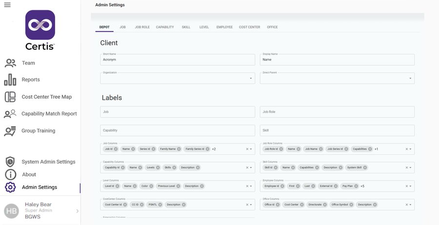 Certis Admin Settings showing qualification framework configuration