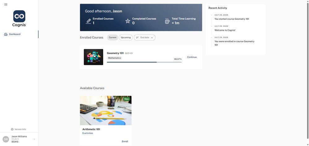 Cognis learner dashboard showing enrolled courses and progress