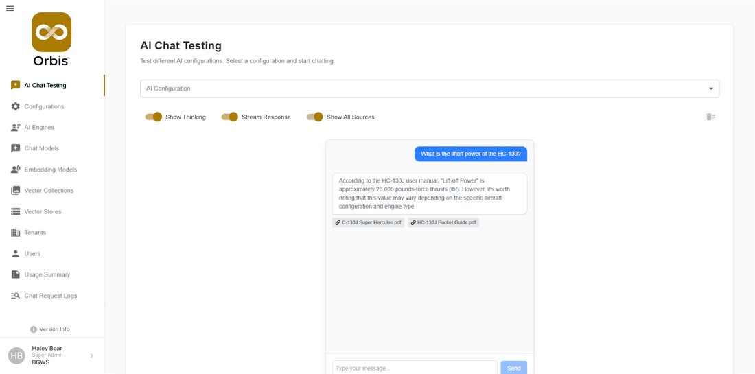 Orbis AI chat showing a sourced answer with cited technical documents