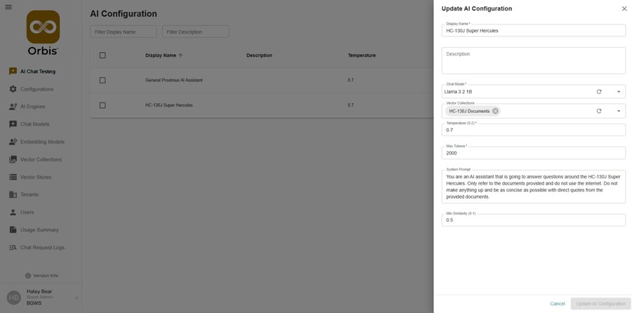 Orbis AI configuration panel showing chat model, vector collections, and system prompt setup