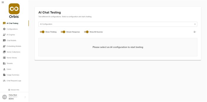 Orbis AI chat testing interface